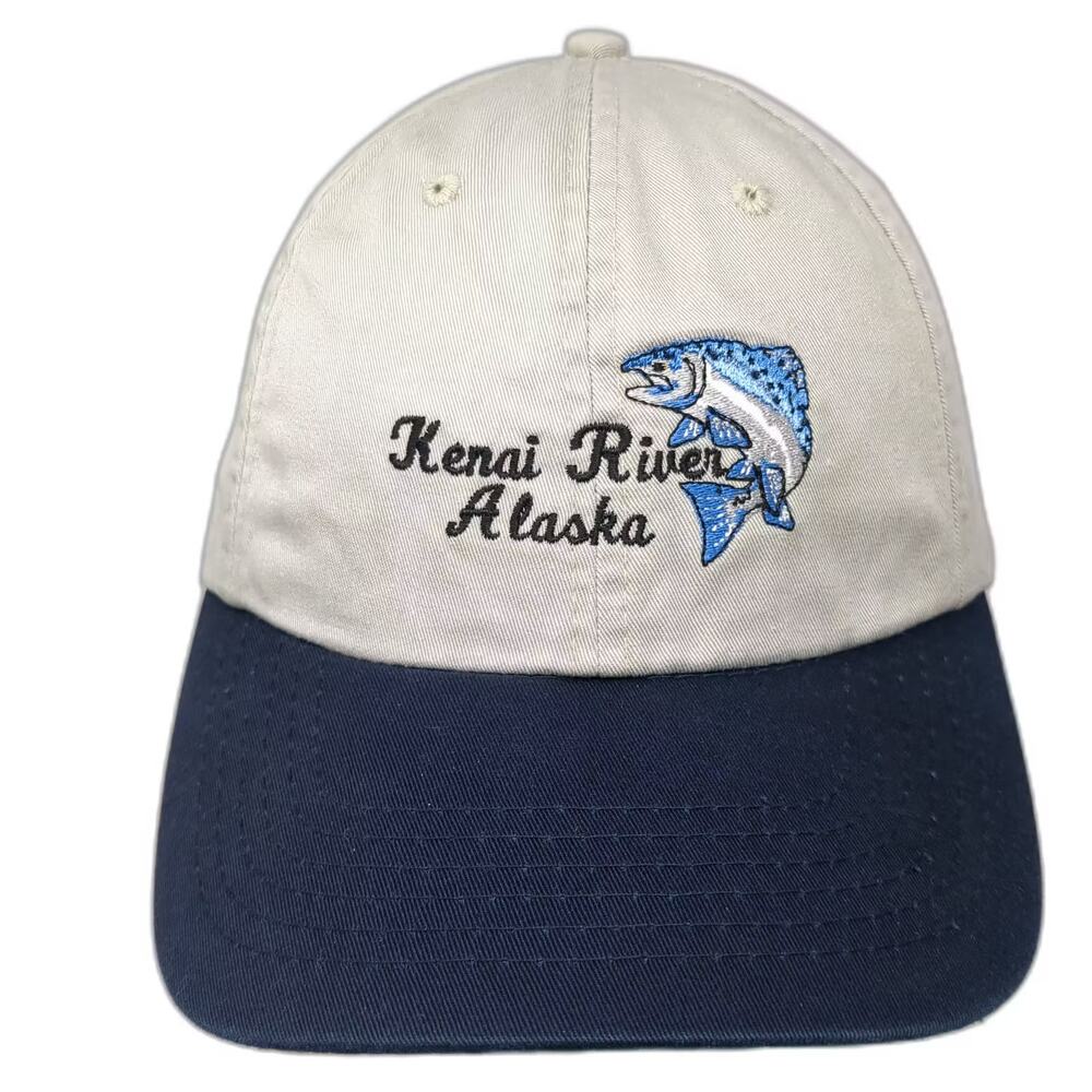 Polar Graphics Kenai River Alaska Salmon Baseball Cap Hat Beige Blue OS Fishing